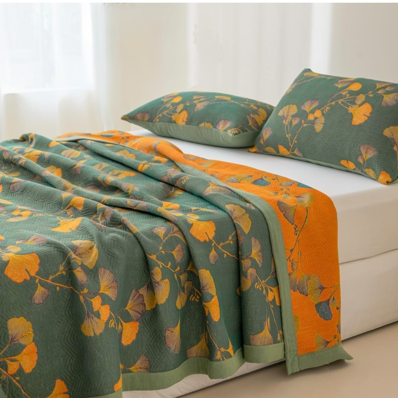 NEW Anthropologie Teal Orange Reversible Queen / King Bedspread Blanket Sham Set