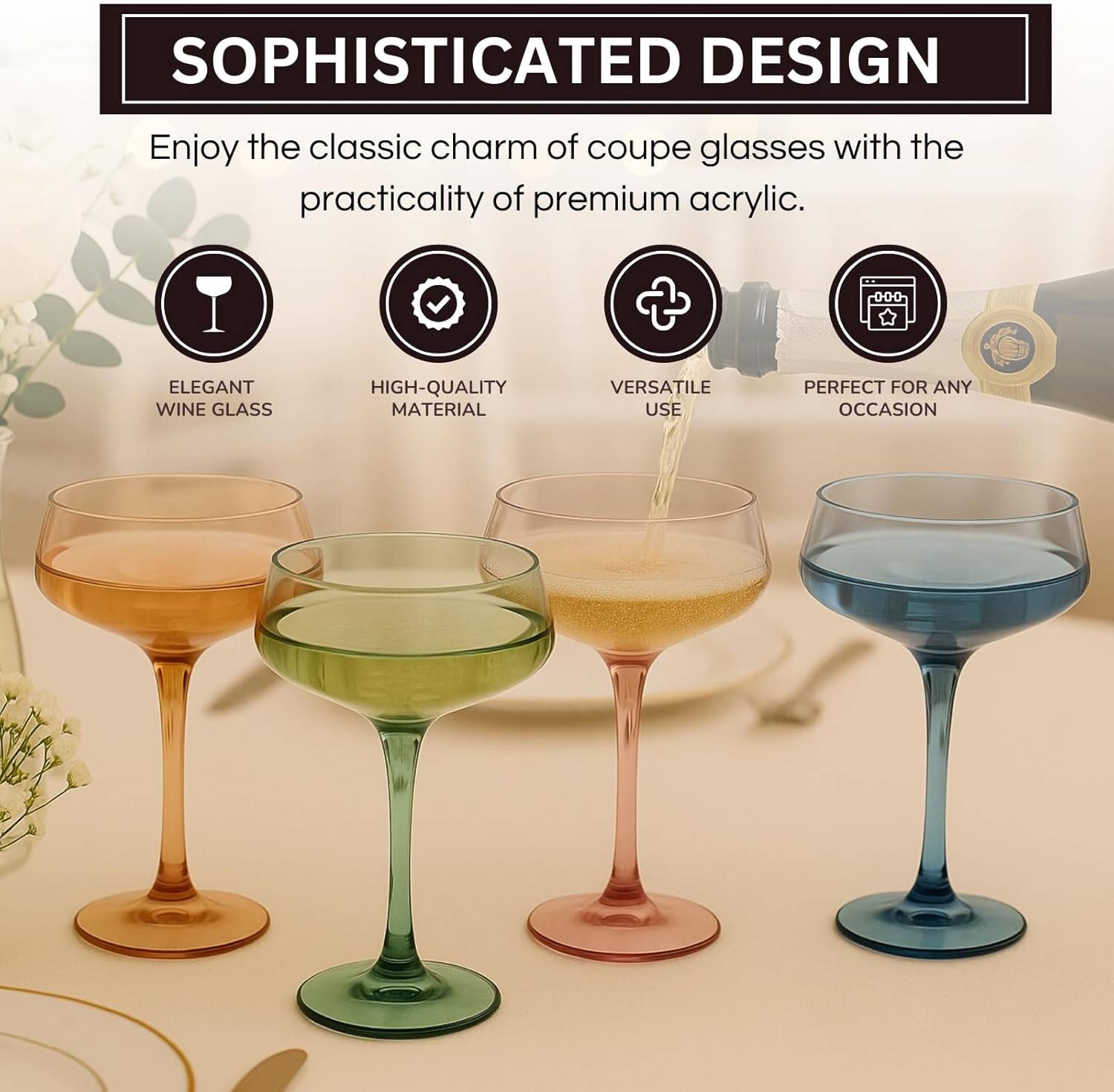 Colored Acrylic Coupe Glasses – Set of 4 Stemmed 8 oz