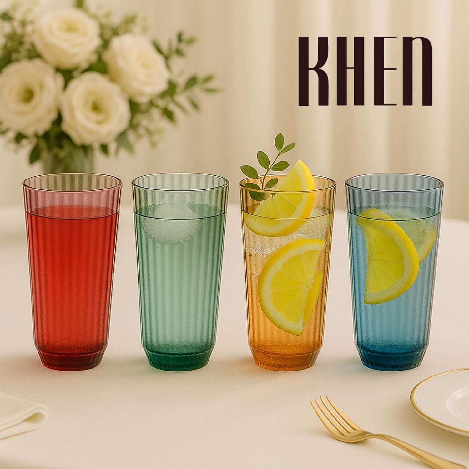 Khen Shatterproof Acrylic Ribbed Drinking Glasses Set | Set of 4