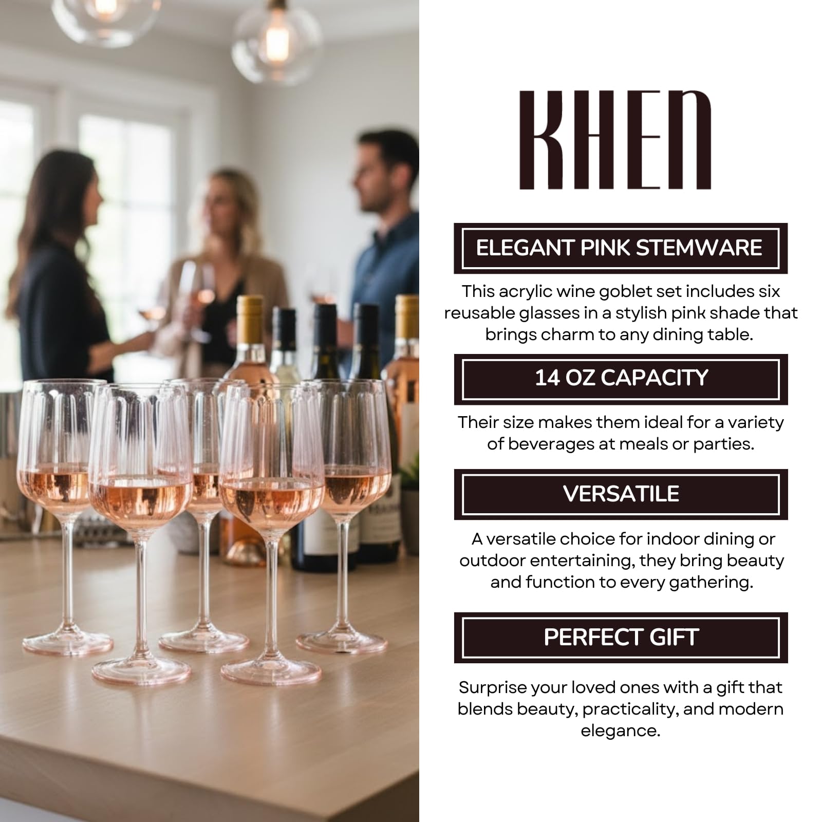 Khen Acrylic Lucia Stemmed Goblets - Set of 6 |14oz | Pink