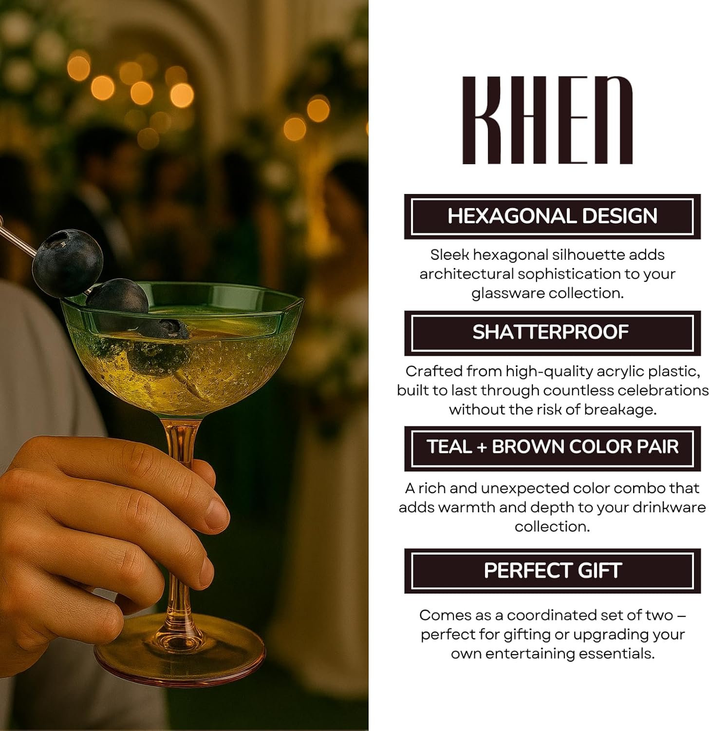 Khen Hexagonal Coupe Glasses Elegant Break Resistant  - Set of 2 Teal + Brown