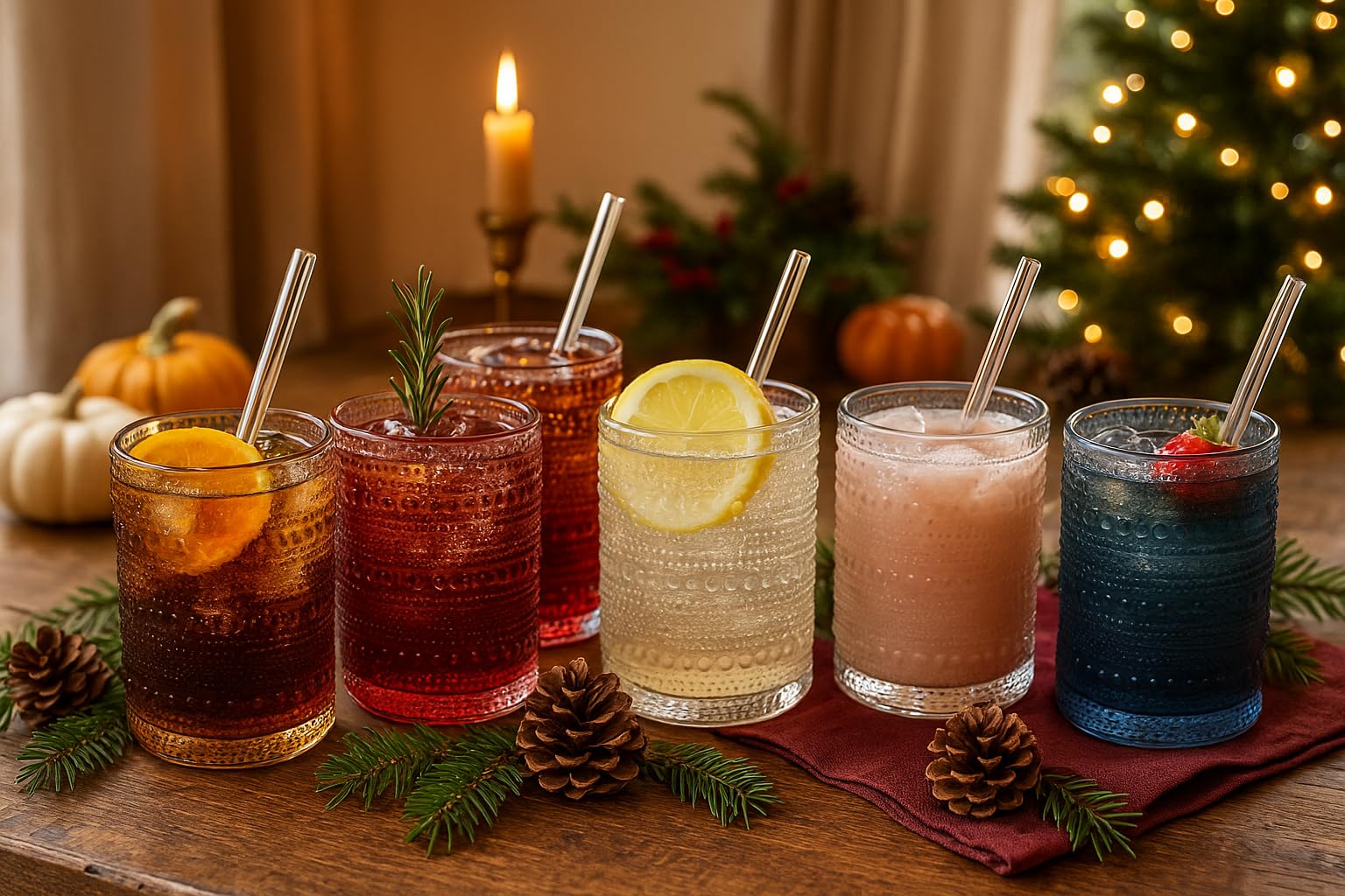 Khen Hobnail Drinking Glasses with Straws | Muted Colors | Set of 6