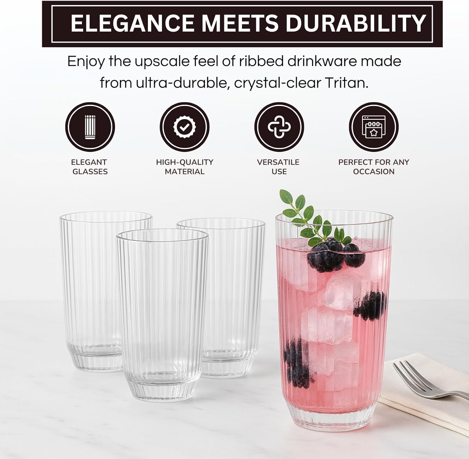 Khen Shatterproof Ribbed Drinking Glasses – Set of 4 Clear 12oz