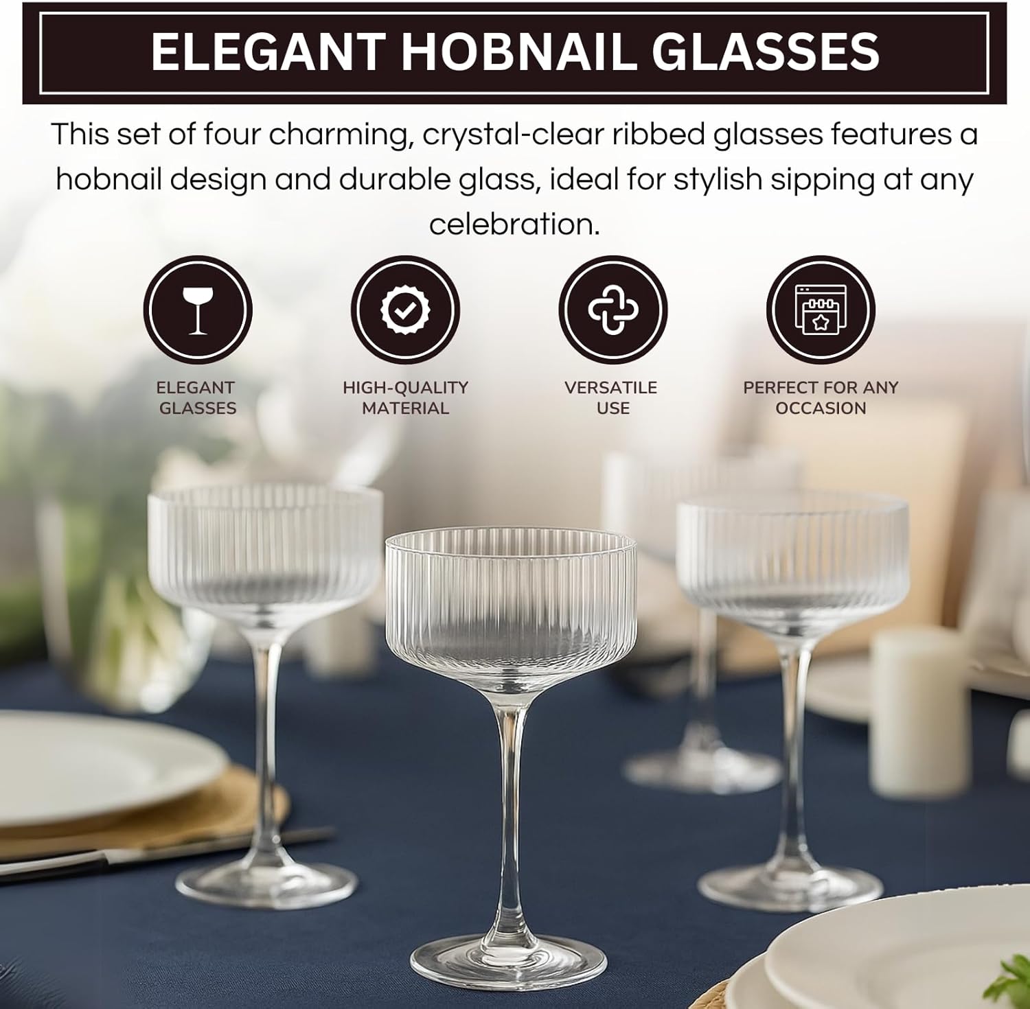 Ribbed Coupe Glasses Set Crystal Bar Drinkware – 10oz Clear