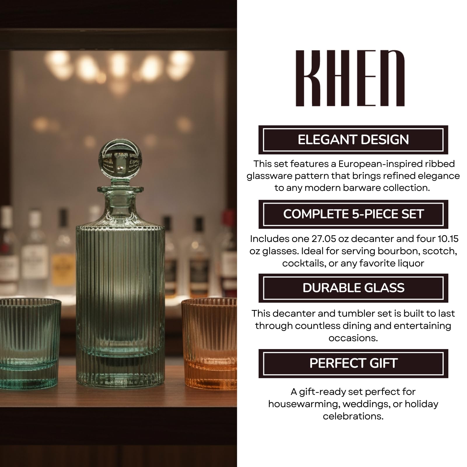 Khen Ribbed Decanter Set with 4 Glasses – Whiskey Bourbon Scotch