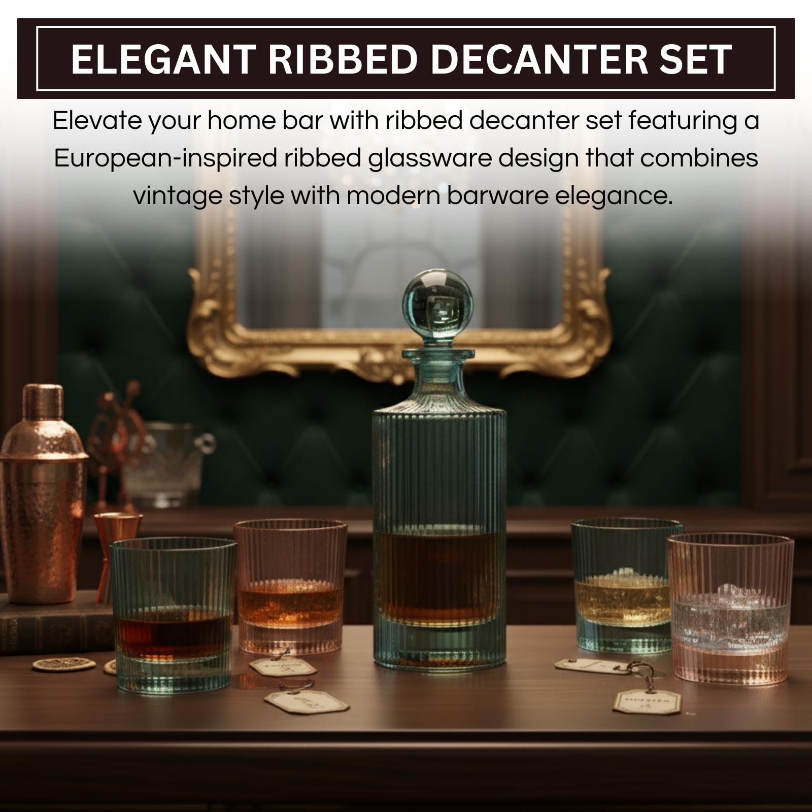 Khen Ribbed Decanter Set with 4 Glasses – Whiskey Bourbon Scotch