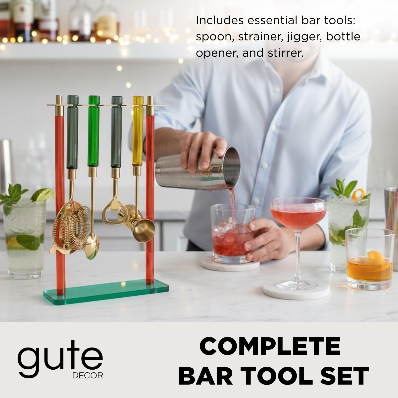 5-PC Gold Bartender Kit with Stand & Color Handles