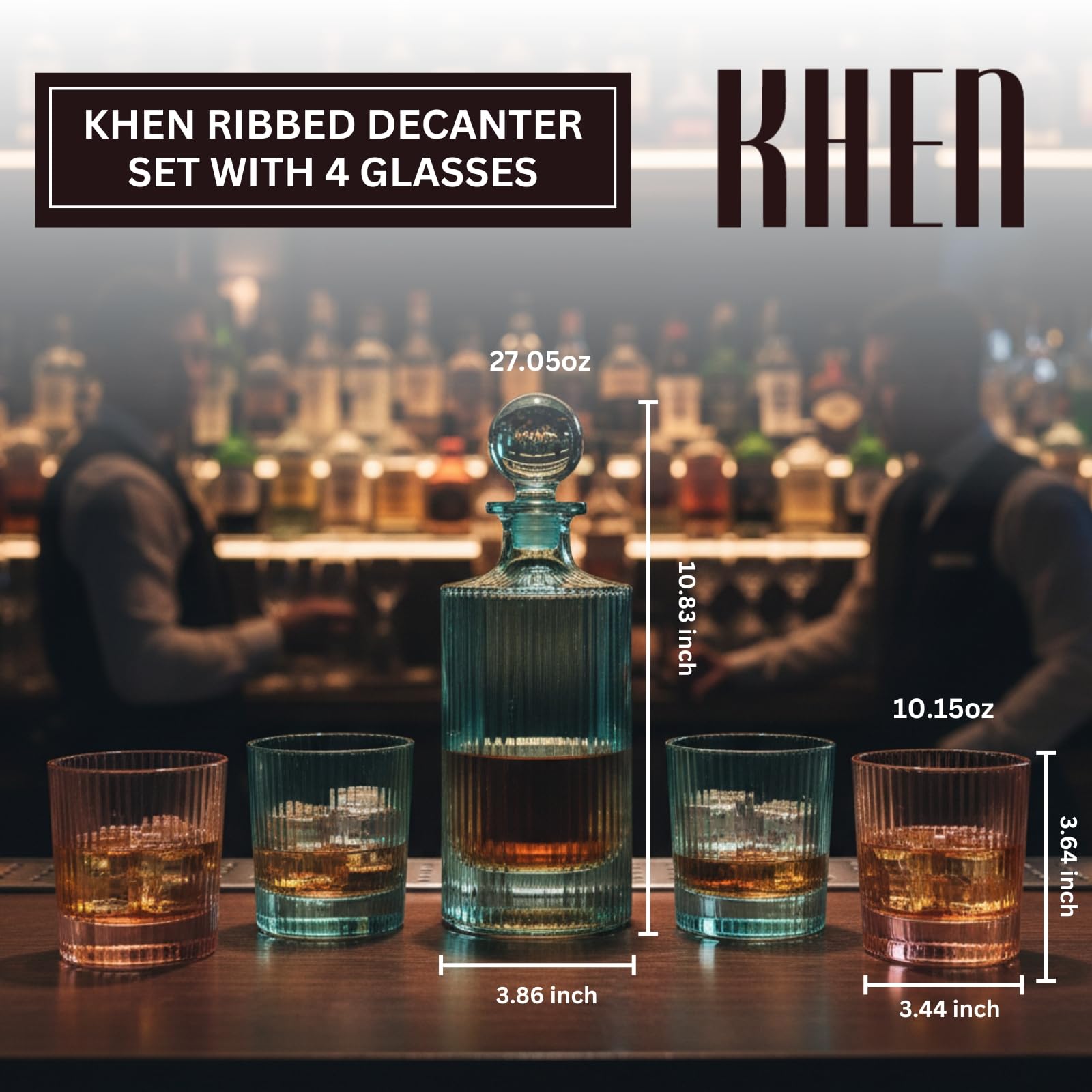 Khen Ribbed Decanter Set with 4 Glasses – Whiskey Bourbon Scotch