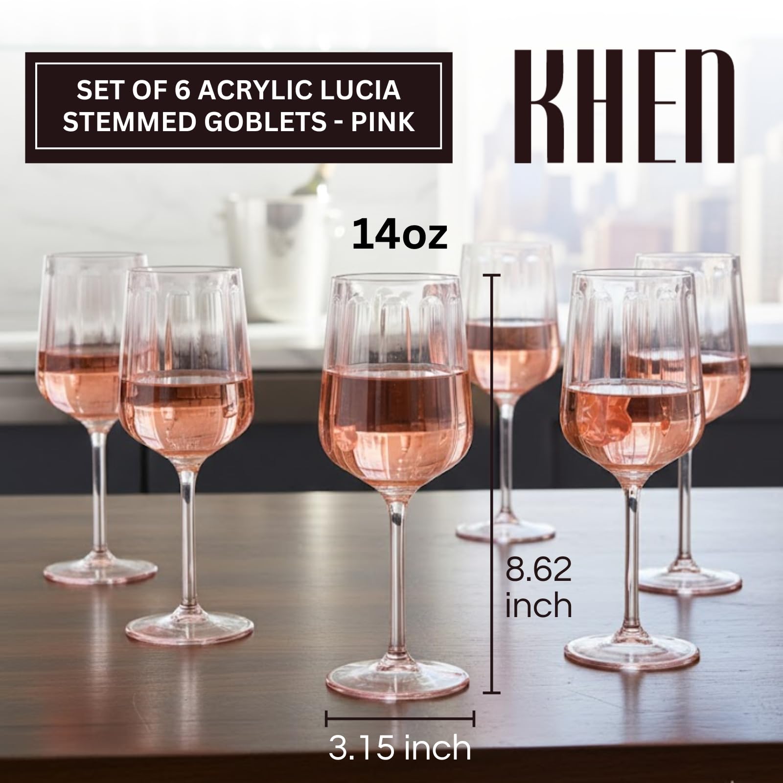 Khen Acrylic Lucia Stemmed Goblets - Set of 6 |14oz | Pink