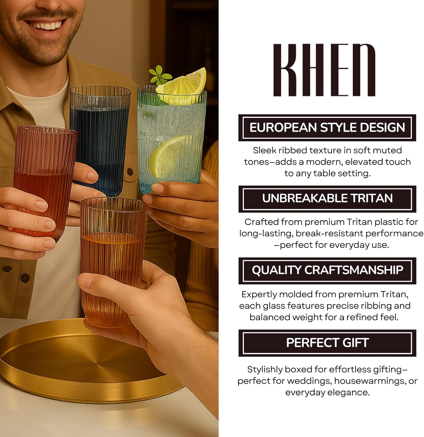 Khen Shatterproof Acrylic Ribbed Drinking Glasses Set | Set of 4