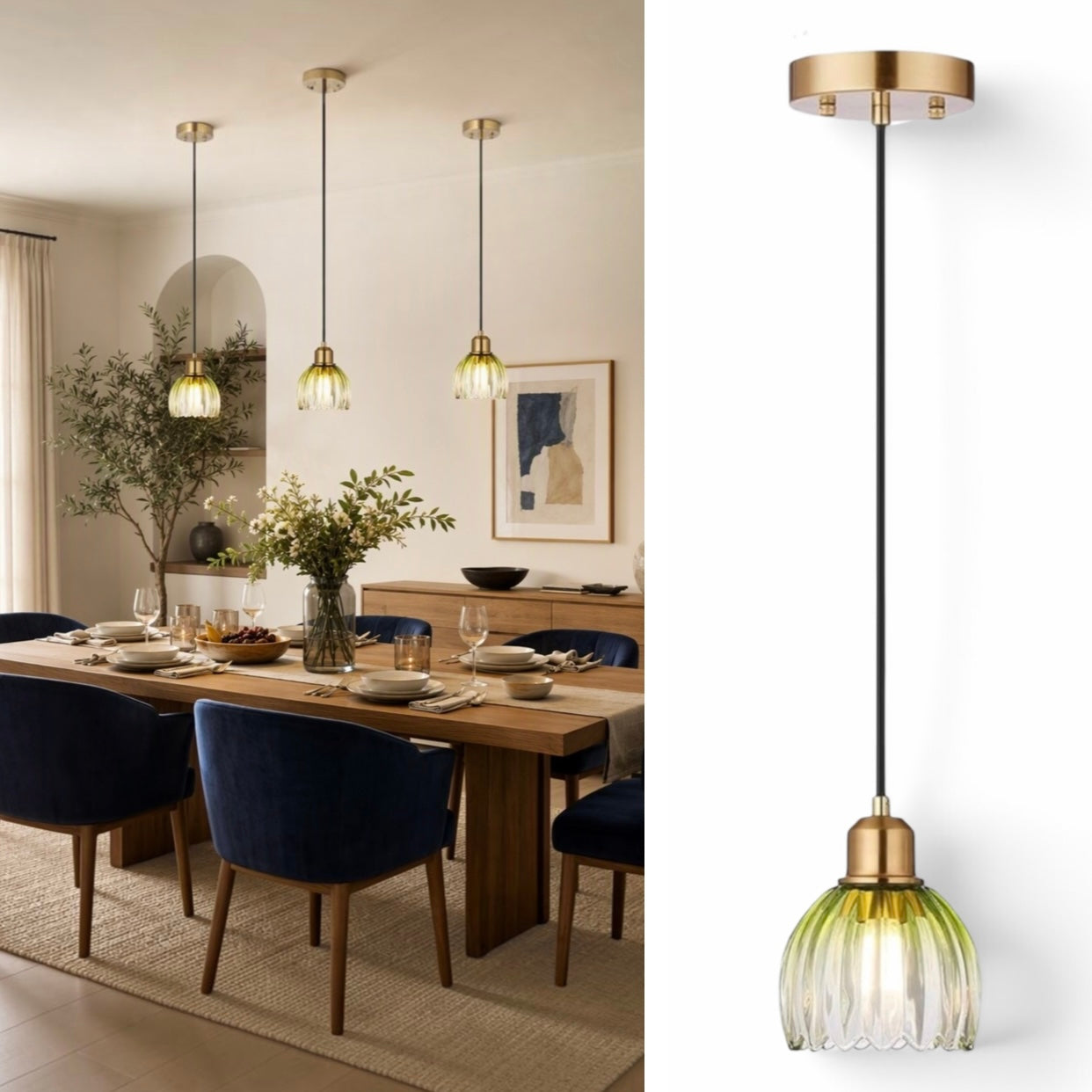 NEW West Elm Vintage Retro Green Gold Glass Tulip Hanging Pendant Light Fixture