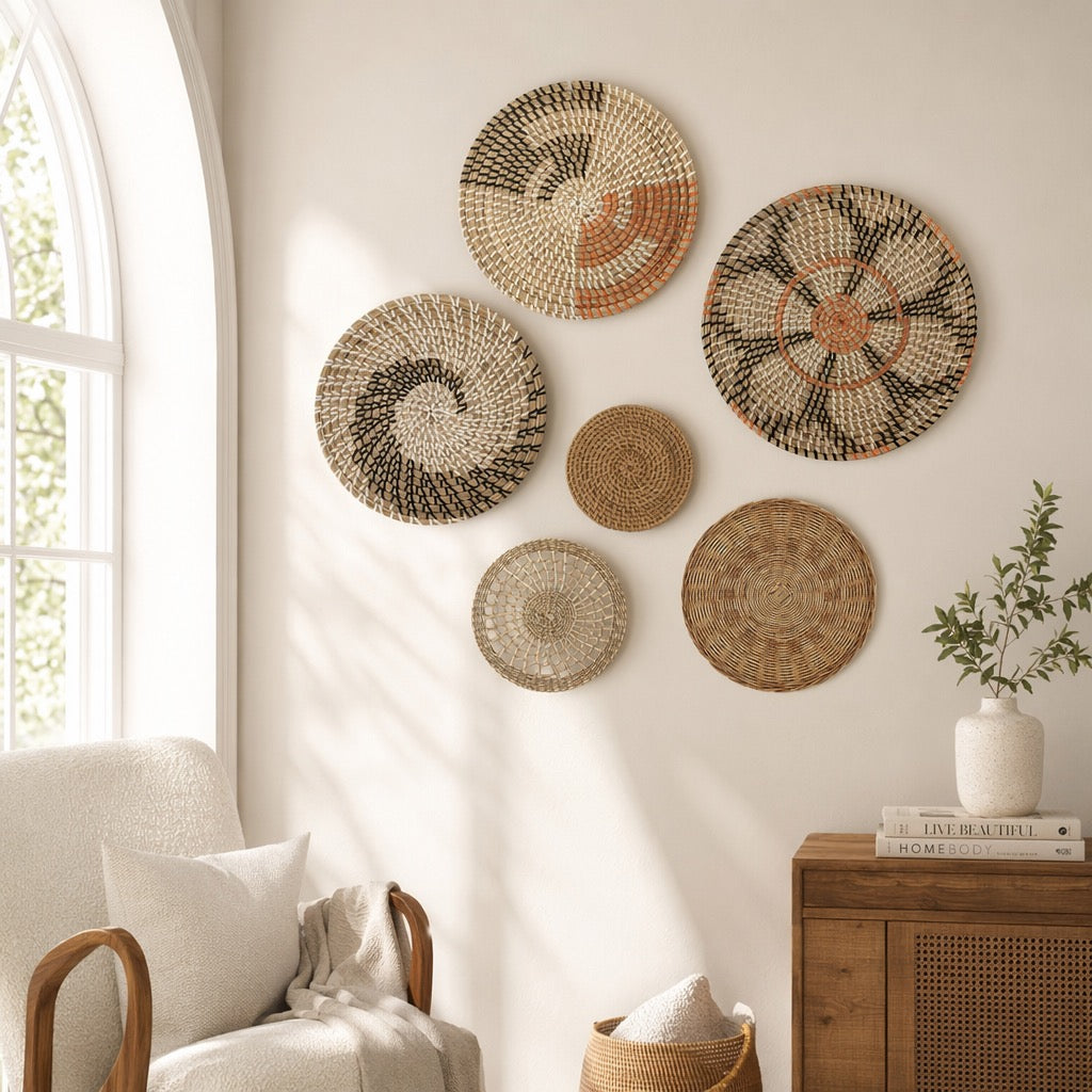 NEW West Elm XL Woven Wicker Rattan Seagrass Boho Wall Hanging Baskets - Set / 6