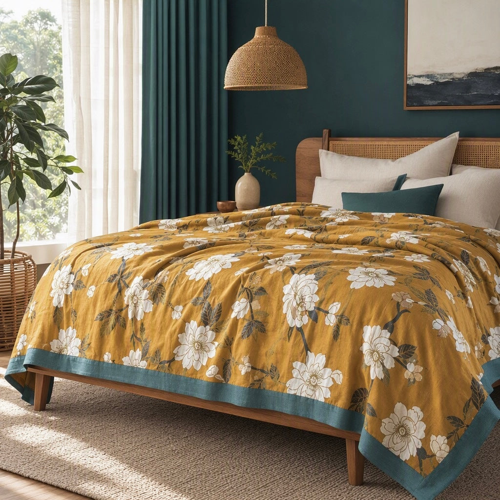 NEW Anthropologie Boho Orange Teal Floral Queen Blanket Bedspread Quilt 80 x 60