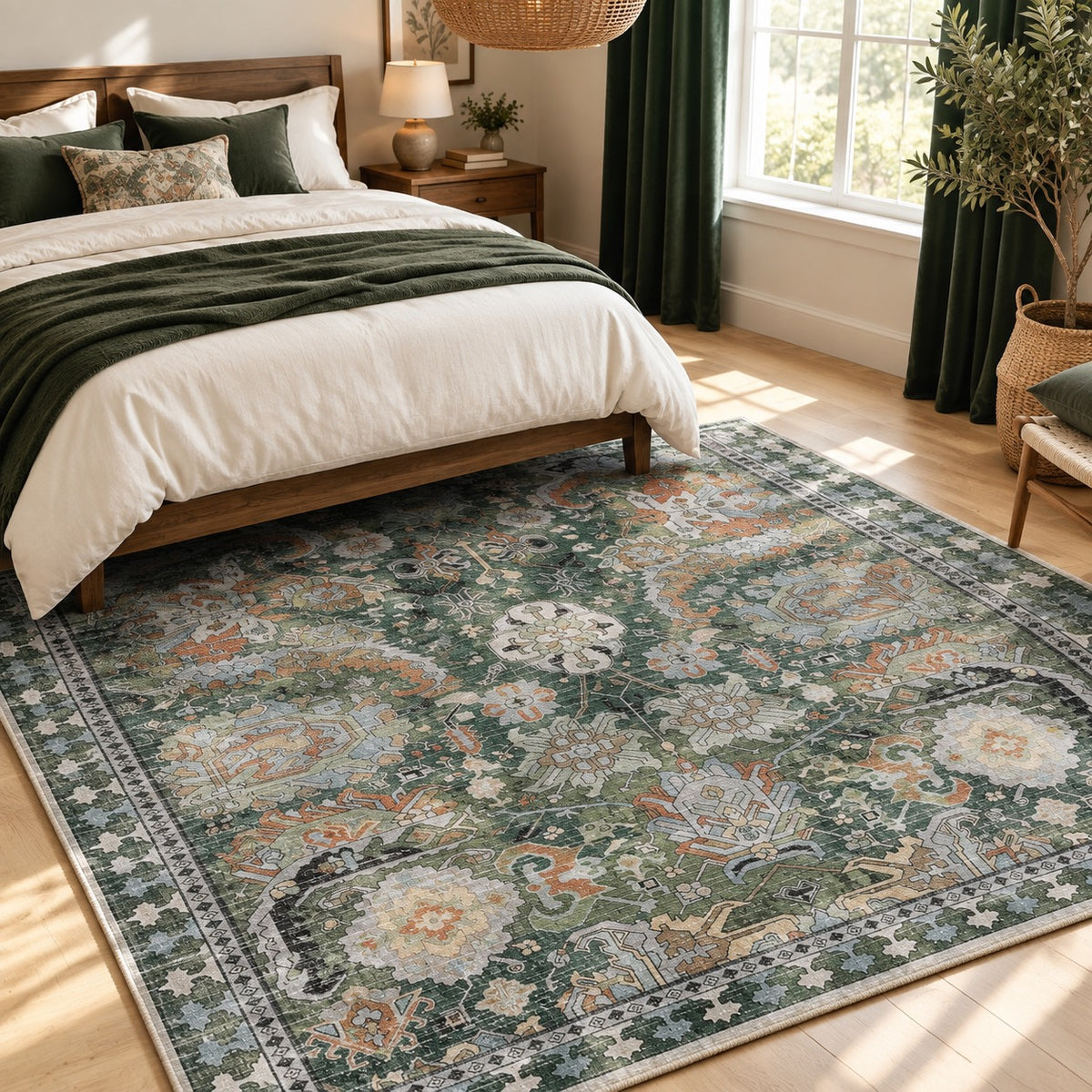 NEW Anthropologie Green Vintage Floral Boho Washable Area Rug Carpet - 5' x 7'