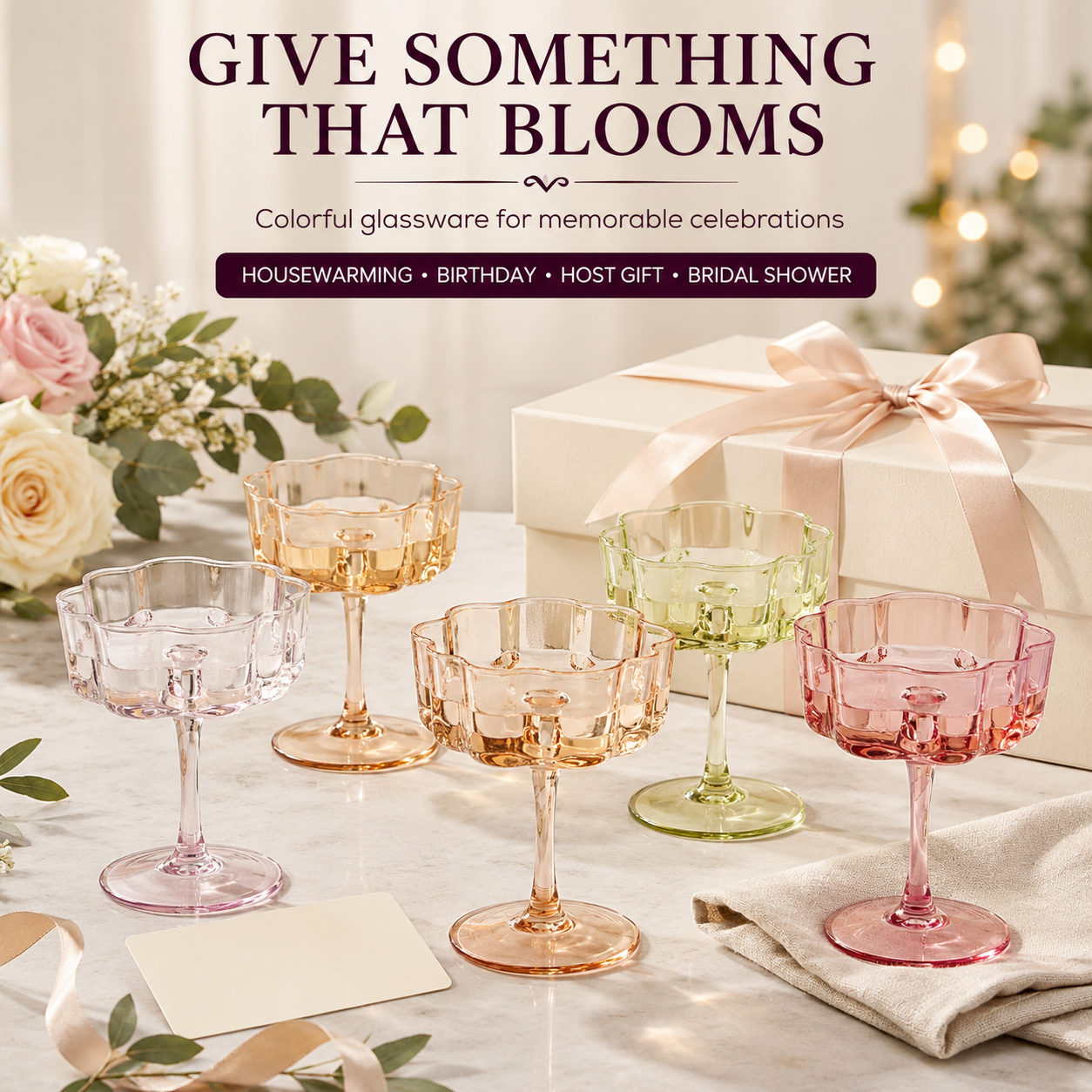 Flower Wave Coupe Cocktail Colored Glasses | Set of 5 | Fall/Holiday Colors