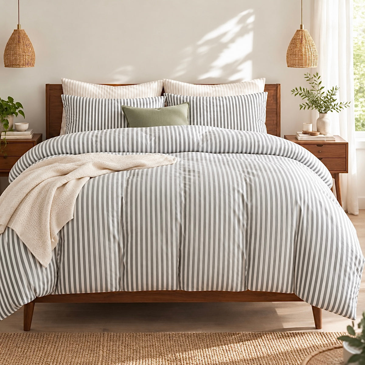 NEW West Elm White & Grey Striped Cotton Simple Modern Bedding Duvet & Sham Set