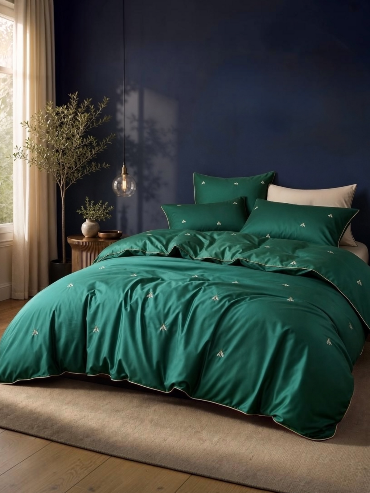 NEW Anthropologie Emerald Green Bee Boho Queen Size Bedding Duvet Sham Case Set
