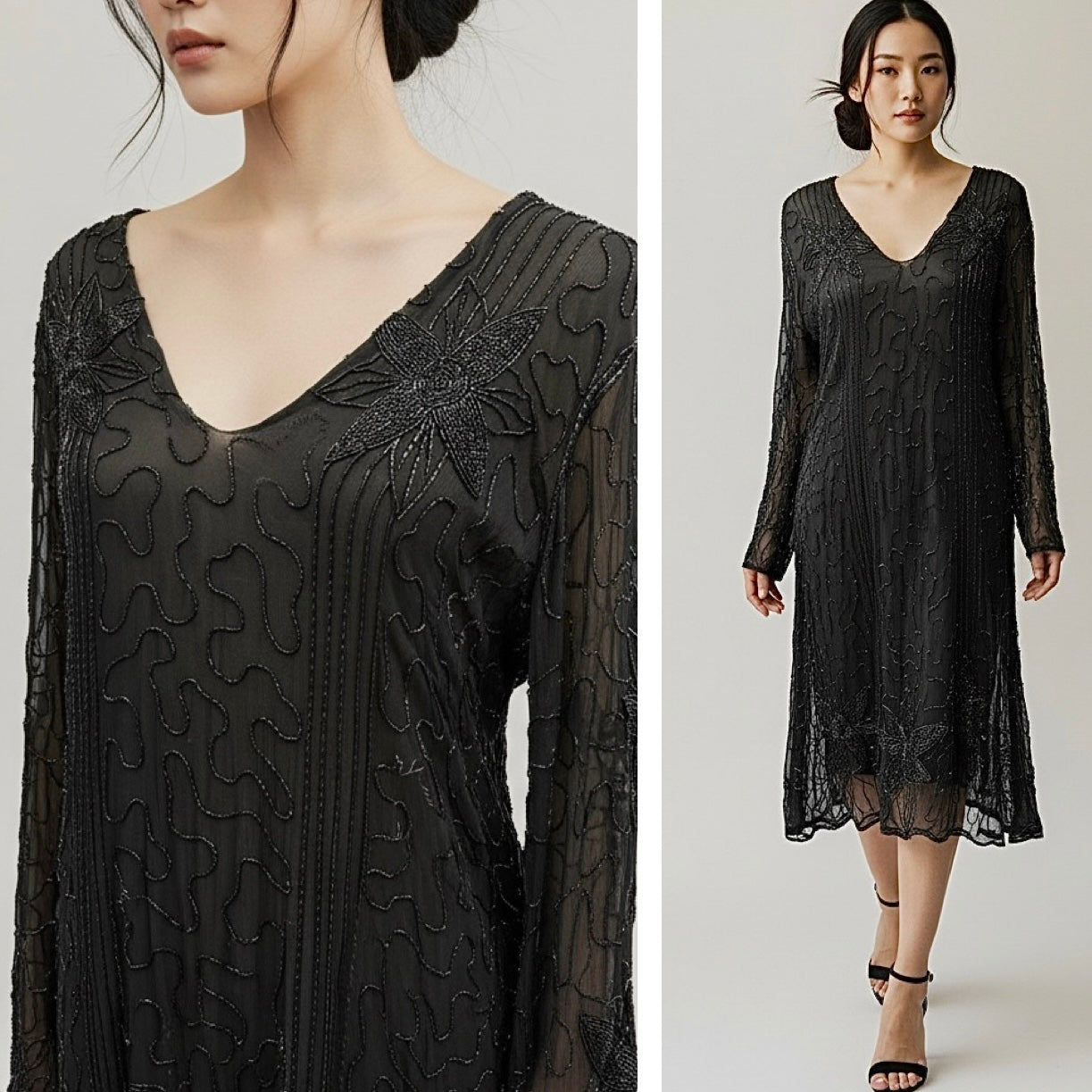 Vintage Saks Fifth Avenue Black Floral Beaded Sheer Tunic Sheath Dress - Large