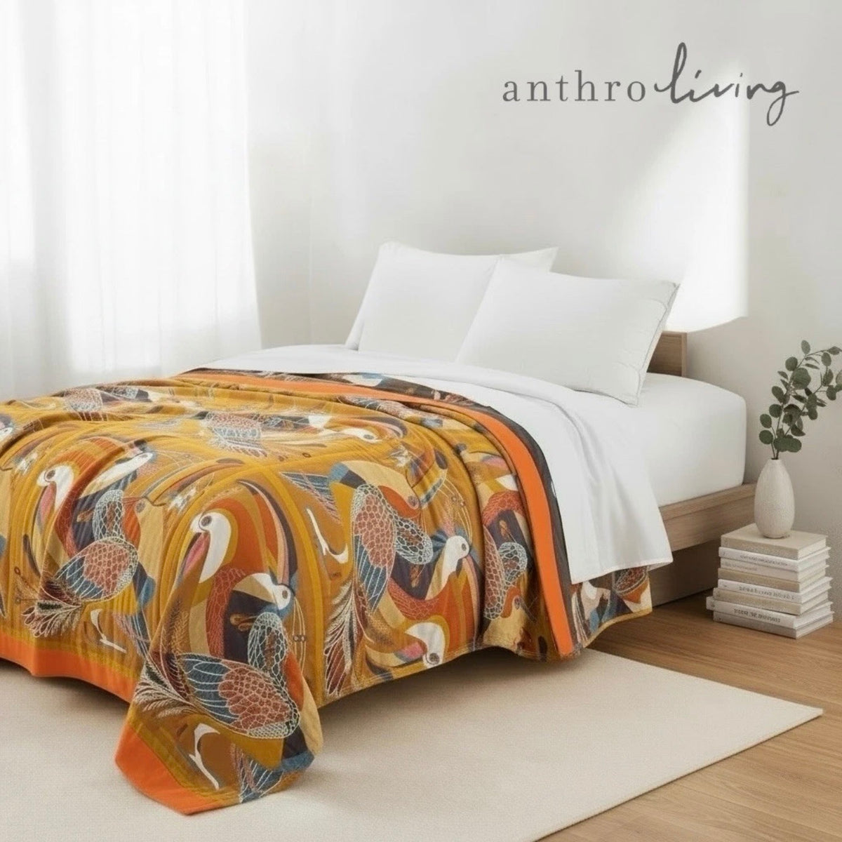 NEW Anthropologie Multi-Size Orange Bird Cotton Throw Blanket Bedspread Quilt