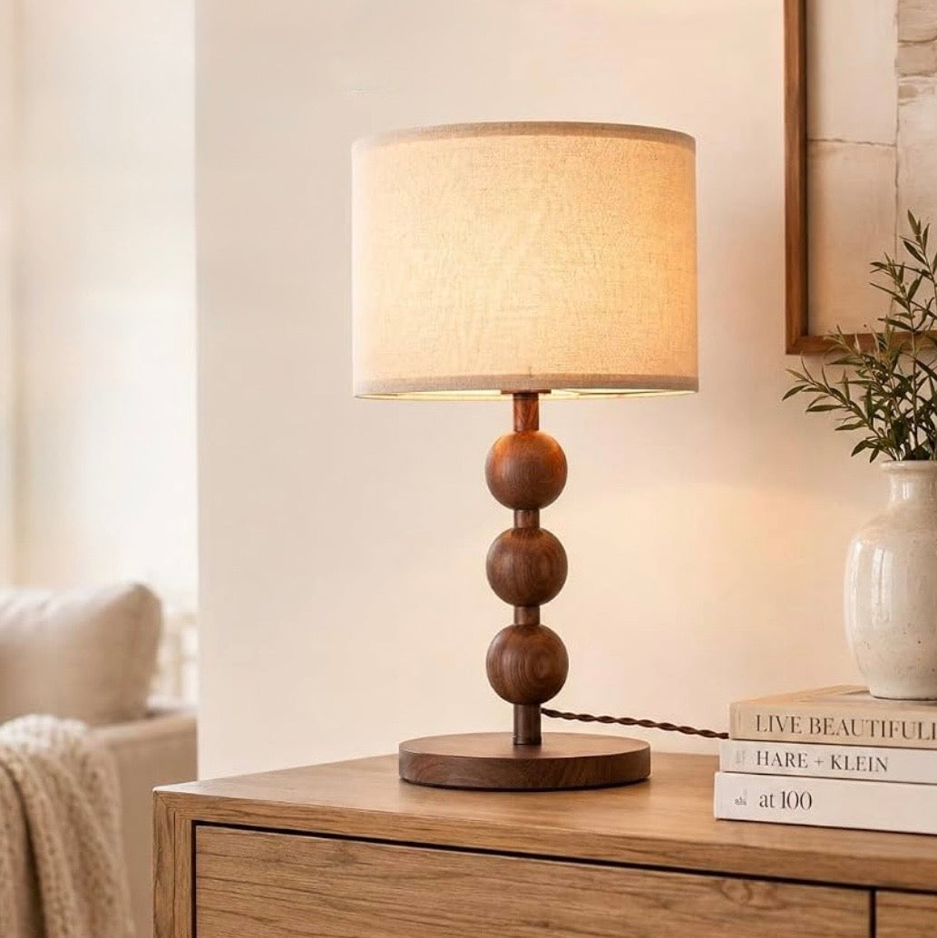 NEW Anthropologie Set of 2 Vintage Wood Ball Retro Boho Table Lamps Lighting 20"