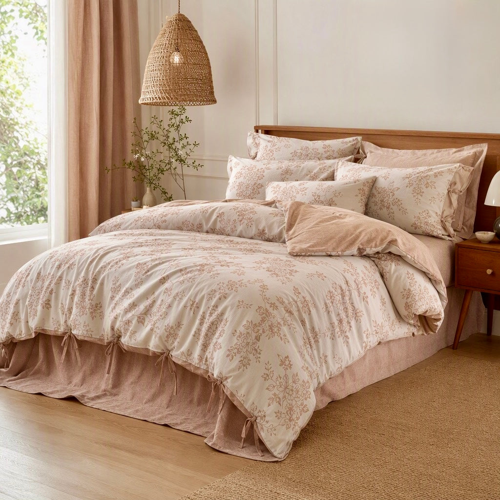 NEW Anthropologie Pink Floral Jacquard Linen Cotton Bedding Duvet & Sham Set