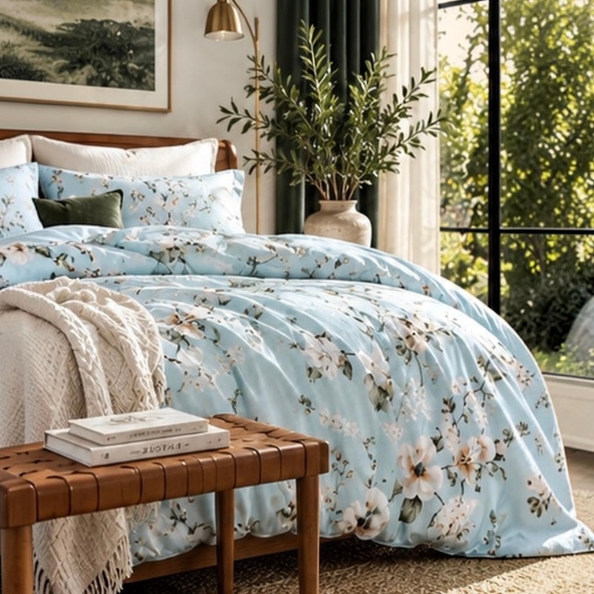 NEW West Elm Light Blue Floral Print Boho Queen / King Bedding Duvet & Sham Set