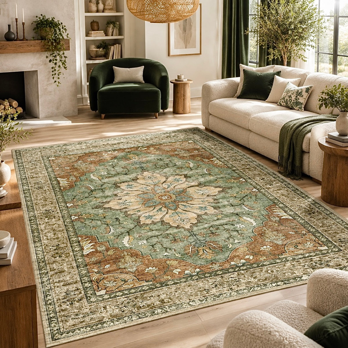 NEW West Elm Green Moroccan Boho Floral Washable Area Rug Carpet - 5' x 7'