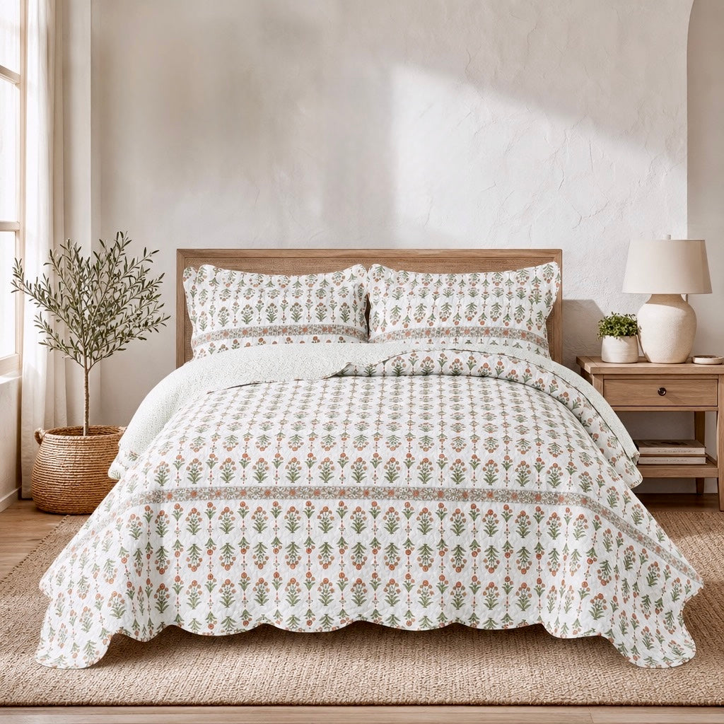 NEW Anthropologie Coral & White Floral Queen / King Bedding Quilt & Sham Set