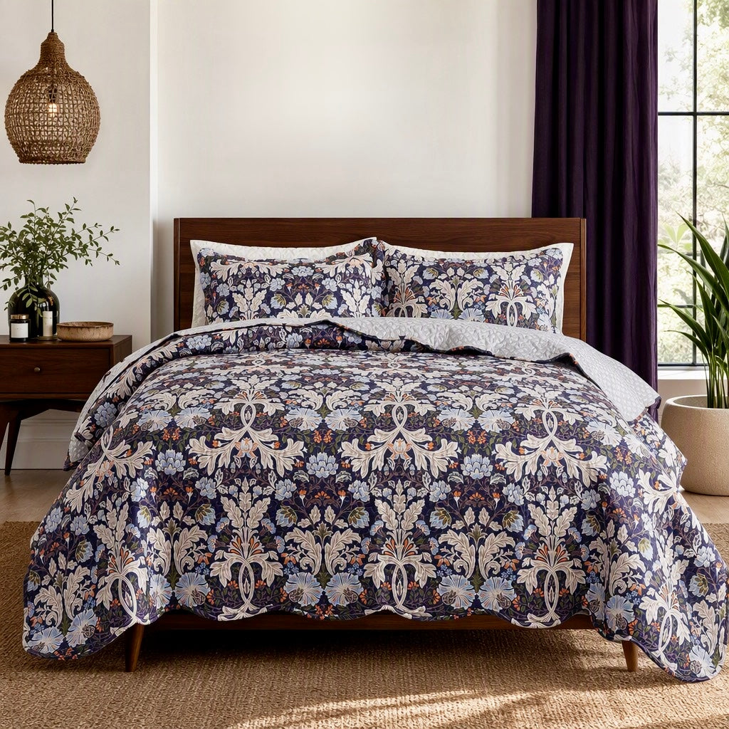 NEW Anthropologie Purple Floral Queen / King Quilt Bedspread Bedding & Sham Set