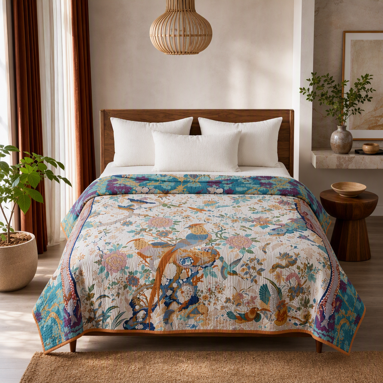 NEW Anthro Reversible Boho Bird Cotton Bedspread Blanket Quilt - Multiple Sizes