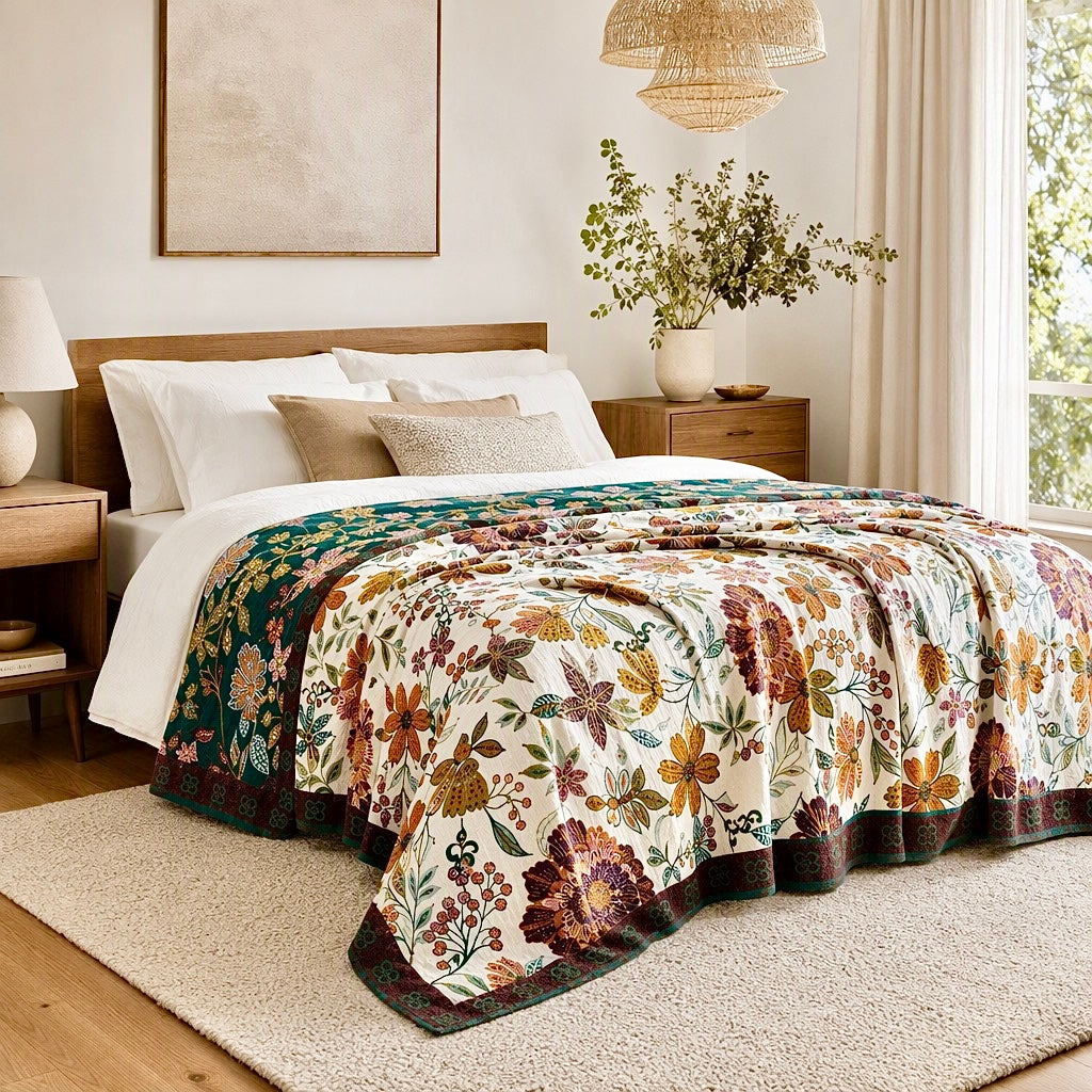 New Anthropologie Boho Floral Reversible Throw Blanket Bedspread Quilt 80" x 60"