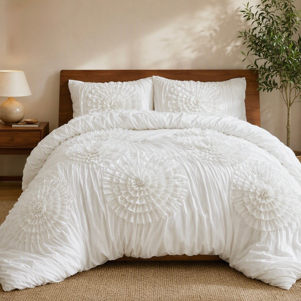 NEW Anthropologie Ivory Floral Tufts Queen King Boho Comforter Bedding Sham Set