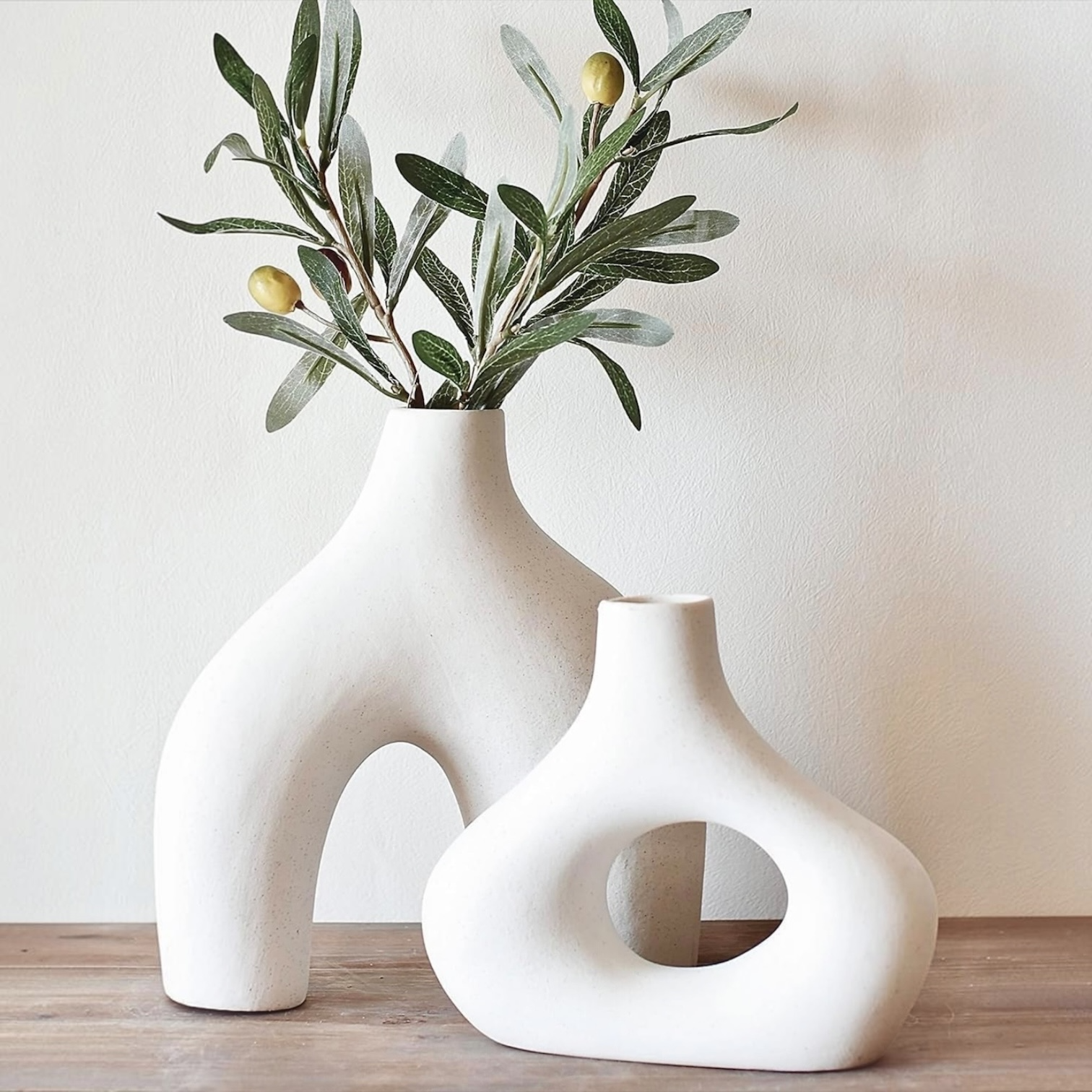 NEW West Elm (Set 2) Large Cream Abstract Boho Ceramic Abstract Flower Vase Set
