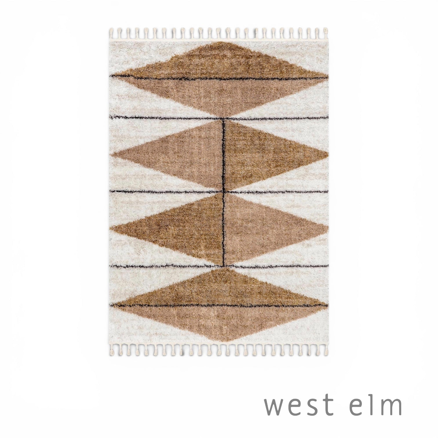 NEW West Elm White Cream Boho Tassel Geometric Shag Area Rug Carpet - 4' x 6'