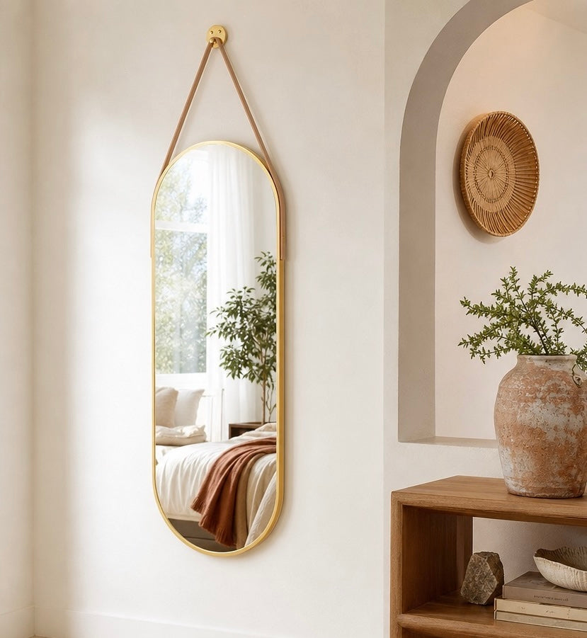 NEW West Elm Gold Arched Full Length Boho Wall Strap Hanging Mirror - 48" x 16"