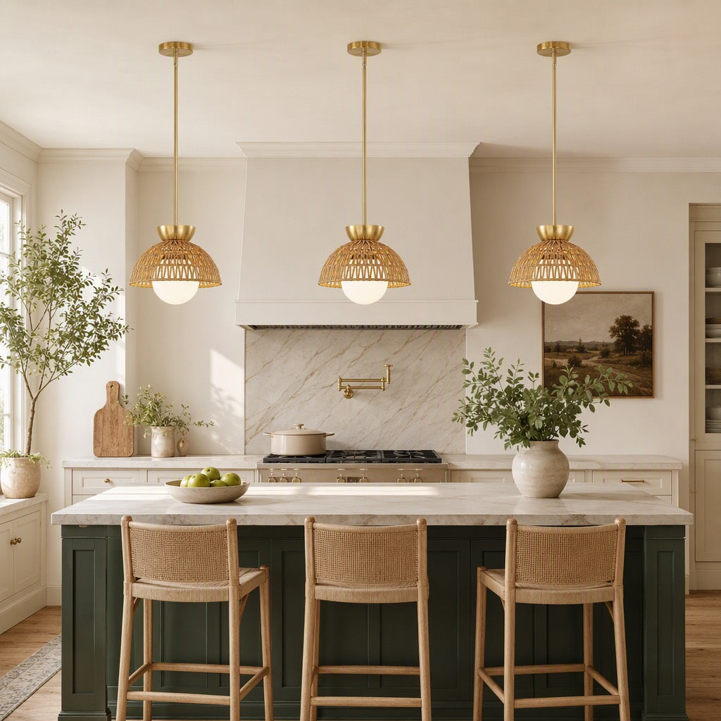 NEW West Elm Gold & Rattan Glass Globe Woven Hanging Boho Pendant Light Fixture