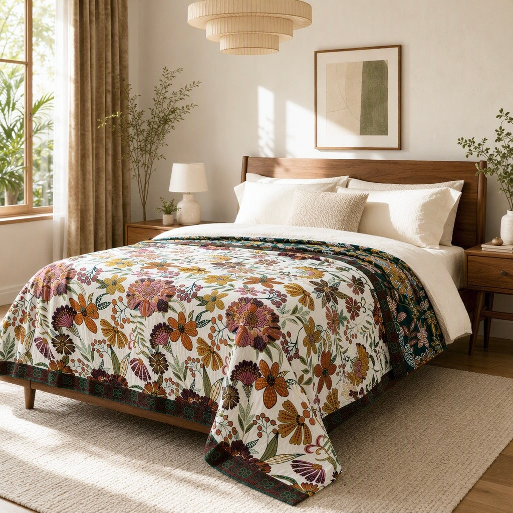 New Anthropologie Boho Floral Reversible Throw Blanket Bedspread Quilt 80" x 60"