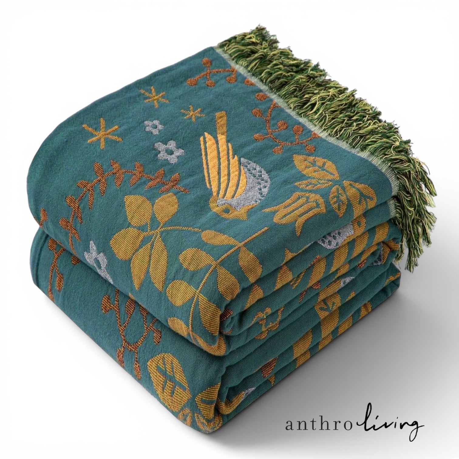 NEW Anthropologie Teal Reversible Boho Bird Blanket Bedspread Quilt 80" x 60"