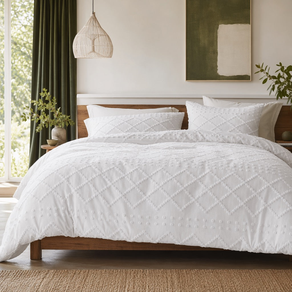 NEW Anthropologie White Queen / King Embroidered Tassel Bedspread Duvet Sham Set