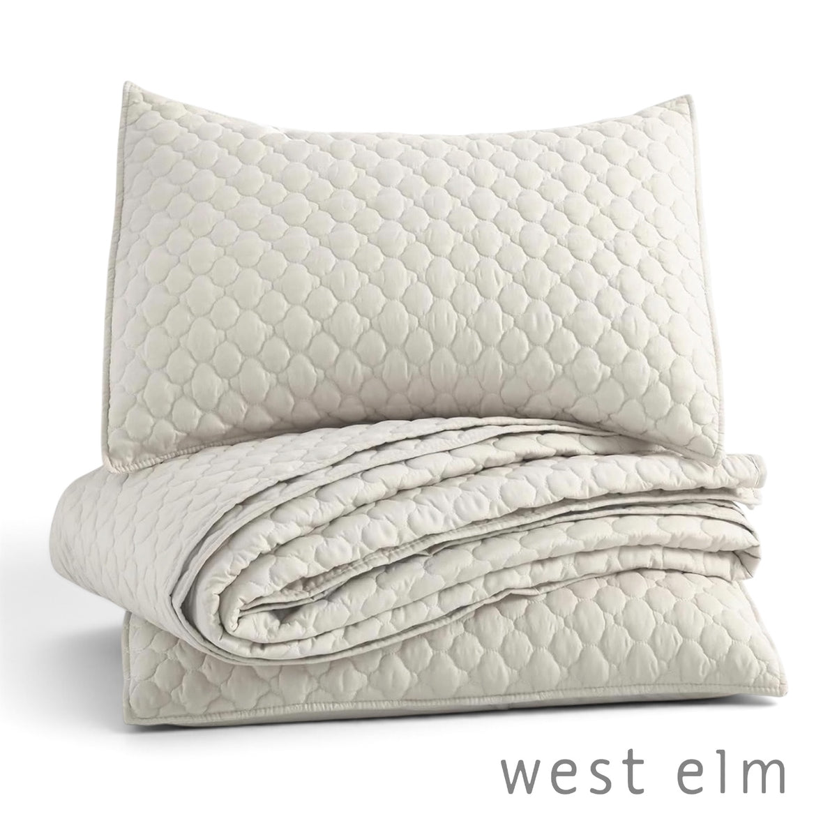 NEW West Elm Cream Ultra Soft Diamond Quilted Queen King Bedding Quilt Sham Set