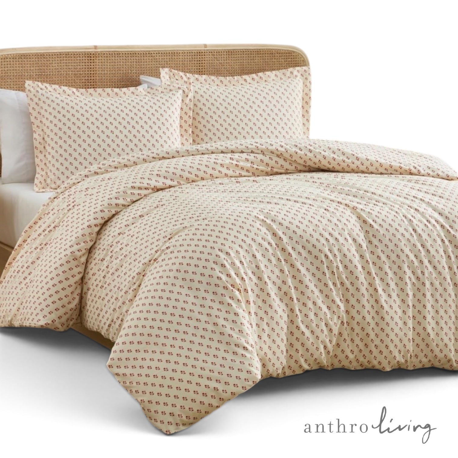 NEW Anthropologie Vintage Red & White Floral Polka Dot Duvet Bedding & Sham Set