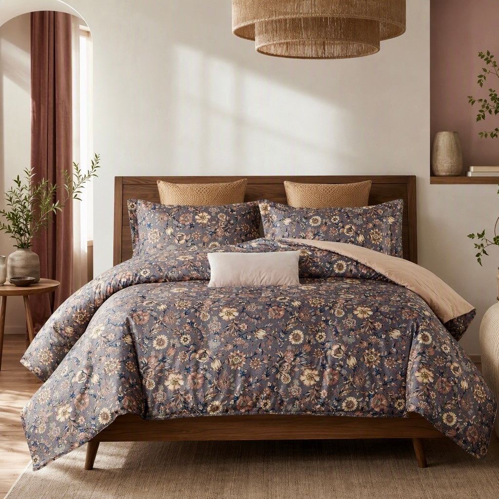 NEW Anthropologie Purple Floral Silky Queen / King Comforter Bedding & Sham Set