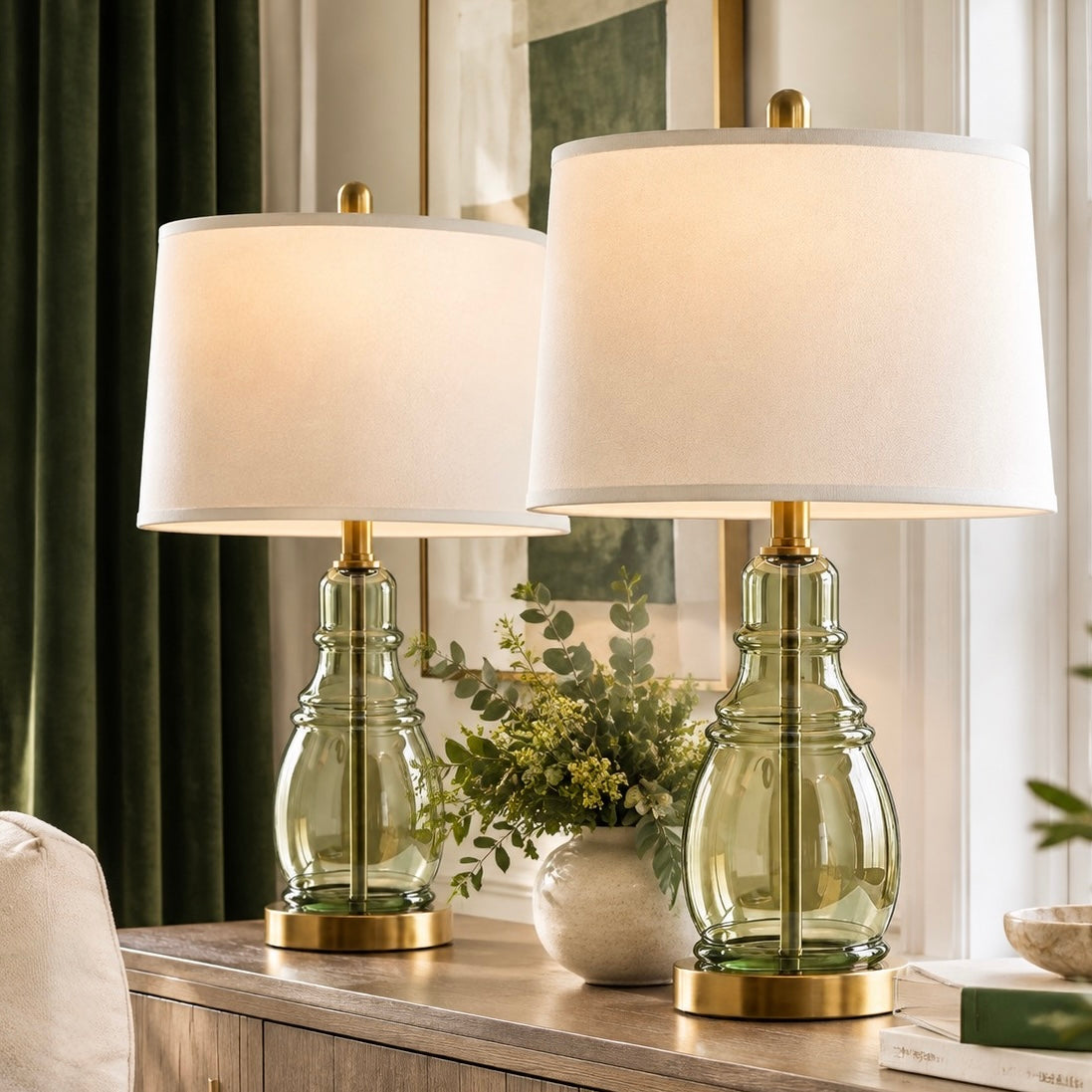 NEW Anthropologie Set of 2 Sage Green Glass Gold Boho Table Lamps Lighting - 22"