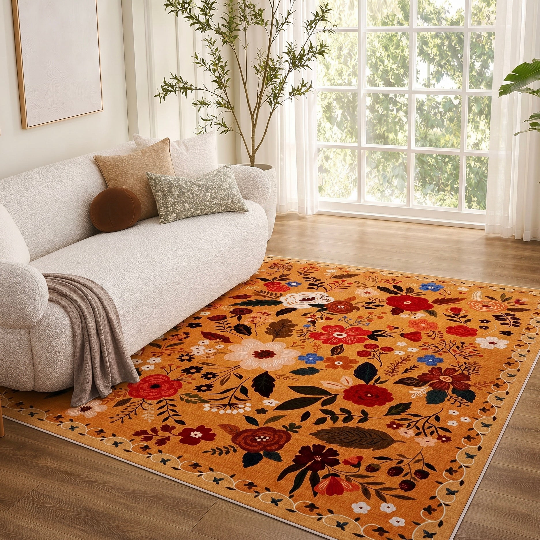 NEW Anthropologie Orange Floral Boho Vintage Multicolor  Area Rug Carpet 5' x 7'