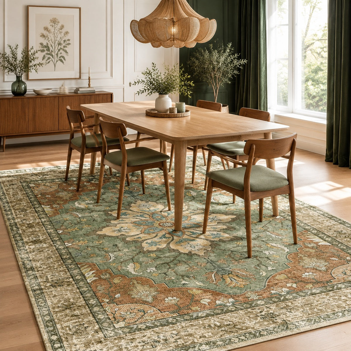 NEW West Elm Green Moroccan Boho Floral Washable Area Rug Carpet - 5' x 7'