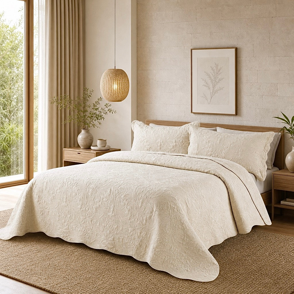 NEW Anthropologie Ivory Queen / King Size Reversible Quilt Bedspread Blanket & Sham Set