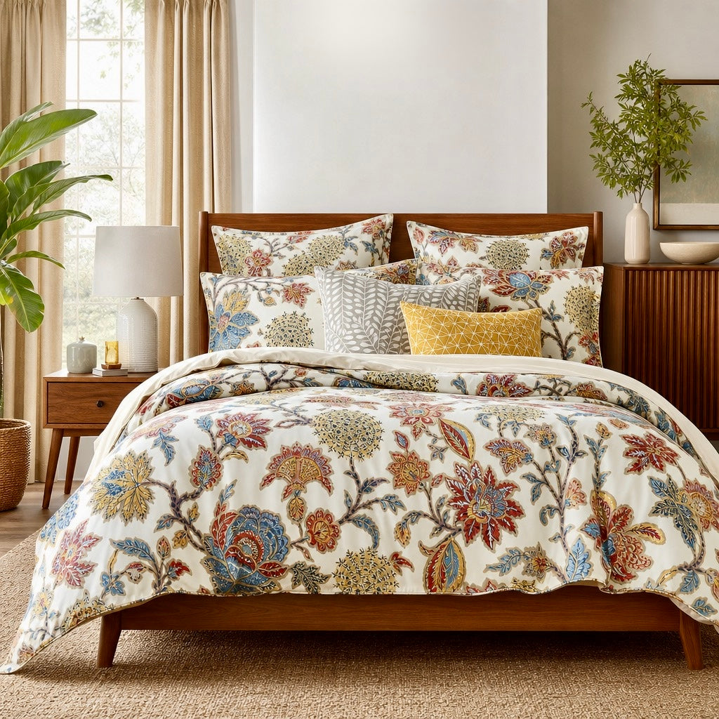 NEW Anthropologie Cream Red Cotton Queen / King Floral Bedding Duvet & Sham Set