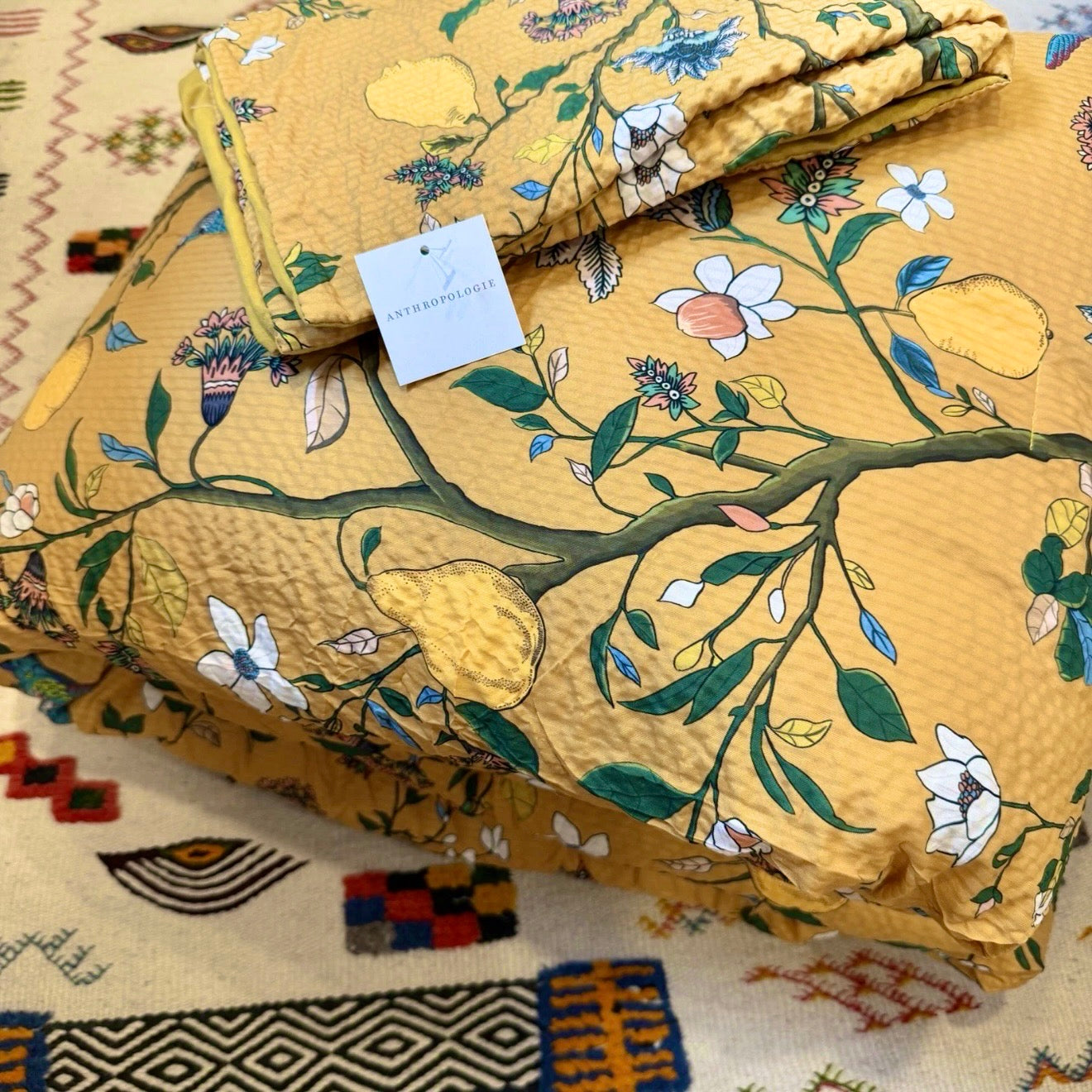 NEW Anthro Yellow Seersucker Floral Queen King Boho Comforter Bedding Sham Set