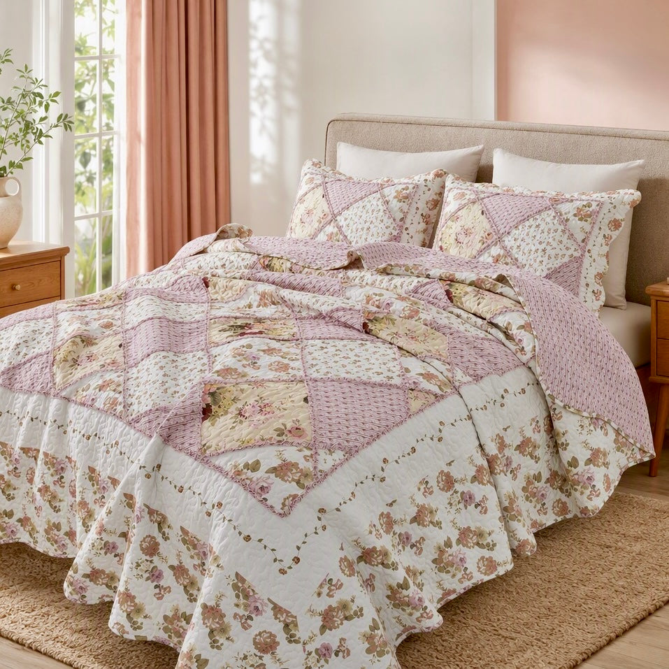 NEW Anthropologie Pink Vintage Floral Patchwork Quilt Coverlet Bedding Sham Set