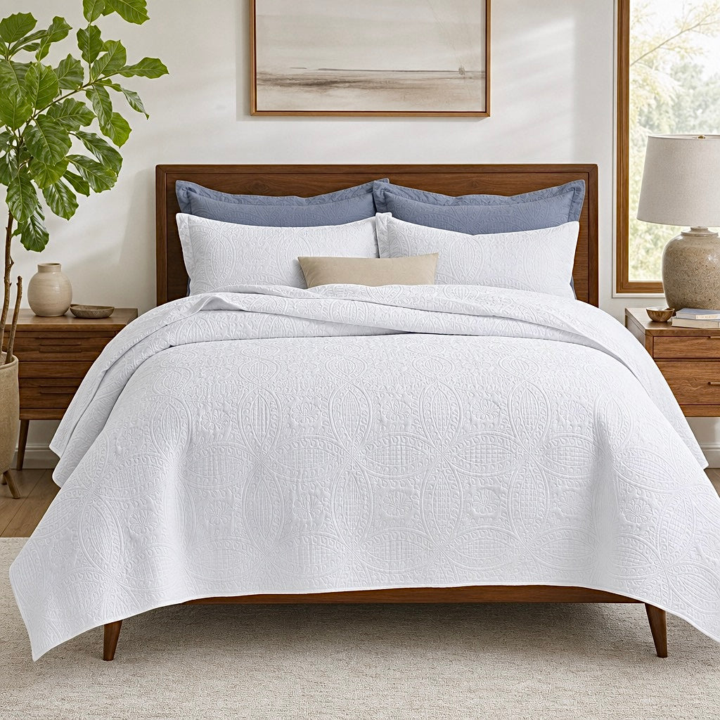NEW West Elm White Embroidered Boho Bedding Quilt Coverlet Bedding & Sham Set